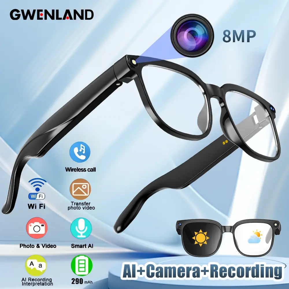 AI Smart Glasses 8MP Camera HD Video Recording Real-Time Translation Wireless Calls Voice Assistant Open Ear Dual Speakers IP65 Waterproof Smart Eyewear for Driving Travel Outdoor Use