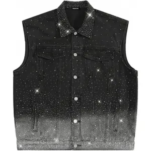 Vamtac Mens Rhinestone Denim Vest Sleeveless Jacket, Sparkly Diamond Studded Jean Vest, Black Streetwear Cowboy Biker Vest