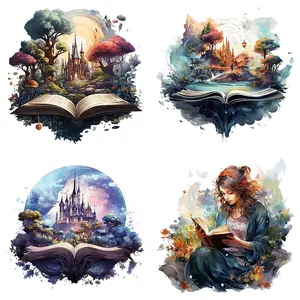 Fantasy Magic Book Pattern Iron-on Heat Transfer Sticker, 4 Counts/set Cartoon Patterns for DIY T-shirts and Backpacks, Enchanted Forest and Castle Designs