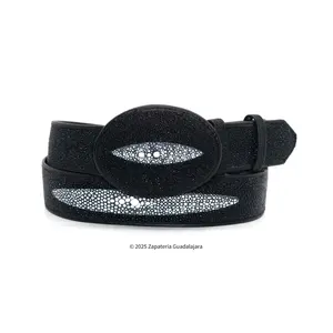 MEN'S GENUINE STINGRAY SINGLE STONE BLACK LEATHER BELT-C11120542