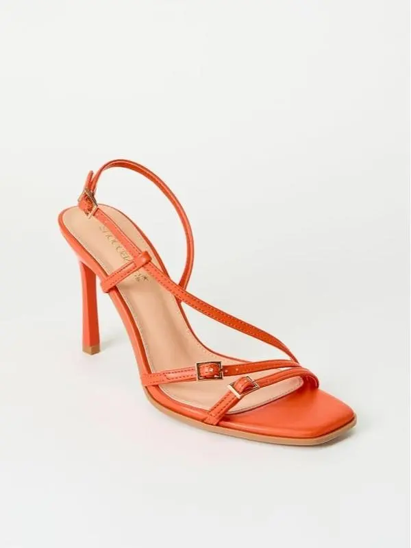 JUST FAB Women's Strappy Heel Sandals 3.5" Stiletto Heel Adjustable Buckle Square Toe Sandals - Bright Summer Heels for Party, Date Night & Vacation Prom