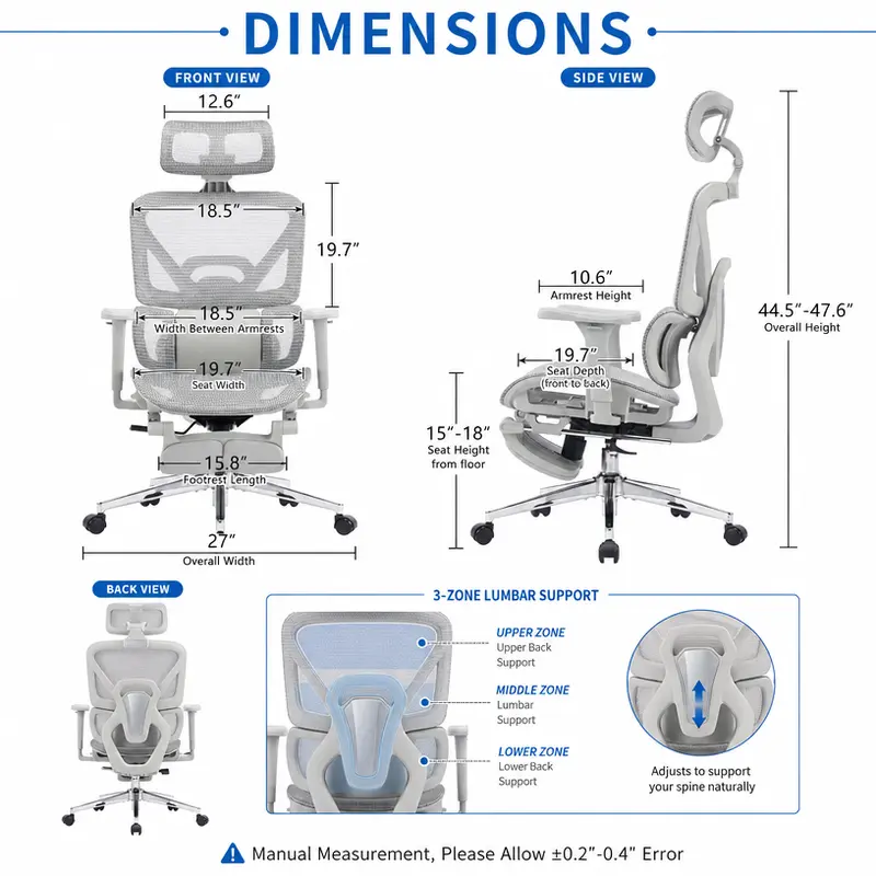 Airo chair dimensions diagram showing 3-zone lumbar support and adjustable armrests