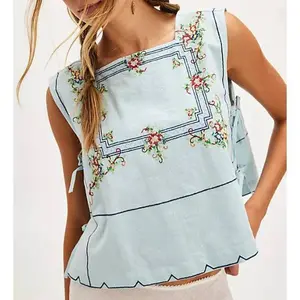 Light Blue Embroidered Sleeveless Top: Where Elegance Meets Charm Fit Shirts Casual Floral Fabric Soft Womenswear Blouse Embroidery Feminine