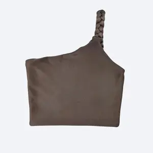 Bela Dark Taupe Crop Top with One-Side Braided Strap – One-Shoulder Style