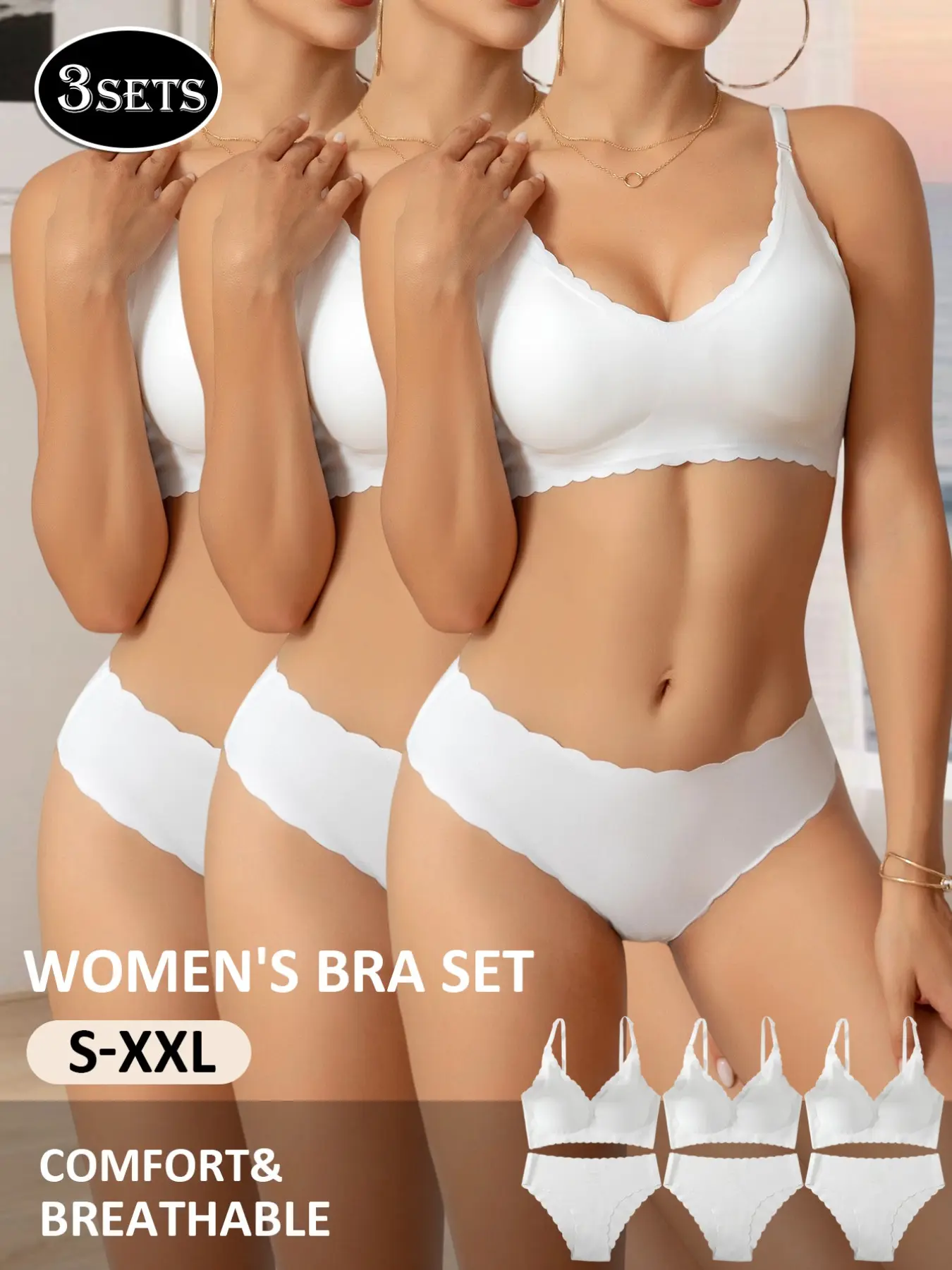 3-Piece Seamless Comfortable Fit Underwear Set for Women, Lingerie, Wire-Free, Removable Pads, Smooth Invisible Panties, Soft and Stretch Fabric, Suitable for Everyday Wear and T-Shirts, Elegant Underwear