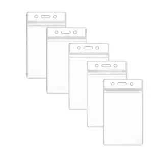 Clear ID Card Holder, 5 Counts Vertical Waterproof Repeatable Sealed Zipper Card Holder, Name Tag Holder, Badge Holder for Nurse, Office and School