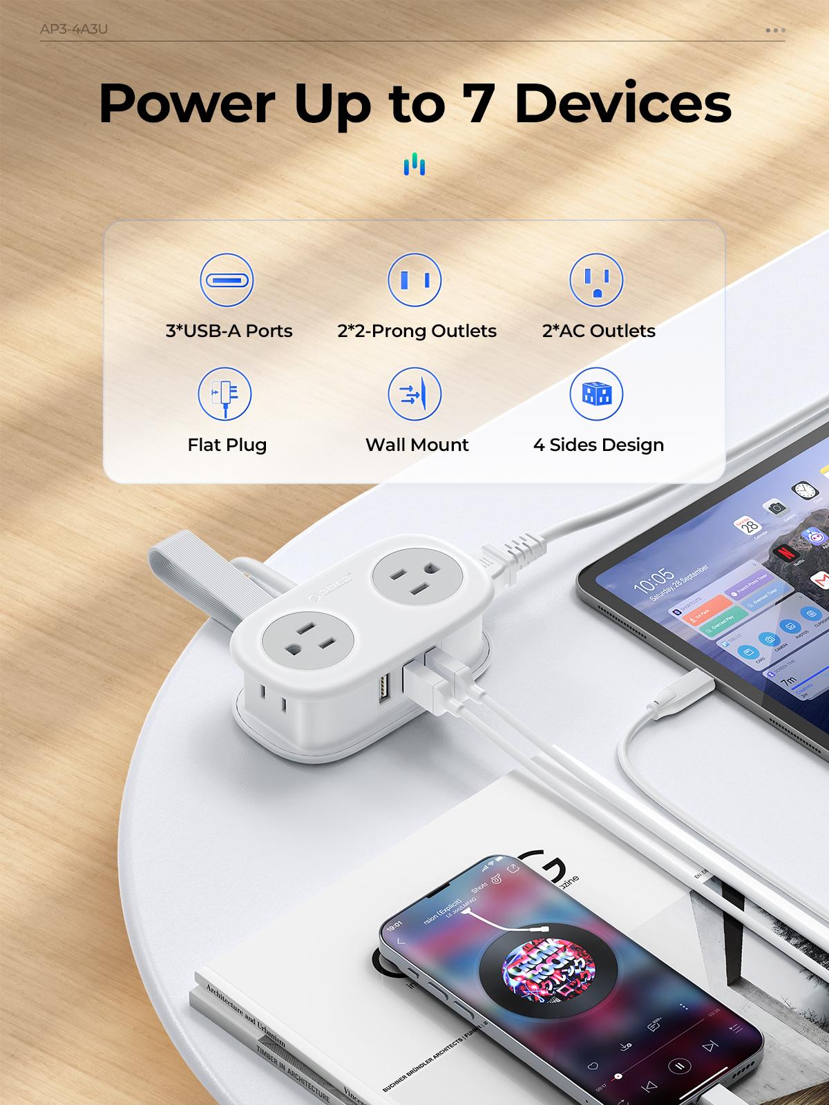 ORICO Travel Power Strip, Optional 2 or 4 AC Outlets, 3 USB Charging Ports with 1 USB-C Fast Charging Port, 4FT Retractable Wrapped Short Extension Cord, Compact Portable Outlet Extender, Cruise Non Surge Approved for Hotel Travel Essentials--AP3-2A/4A