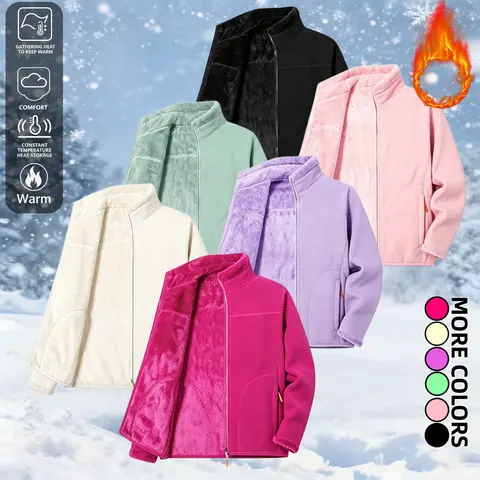 Women’s stand-collar warm jacket, casual fleece-lined warm top, retains heat and keeps you warm, with outstanding cold resistance.Full zip design with a windproof stand collar and practical side slip pockets, available in multiple colors, suitable for out