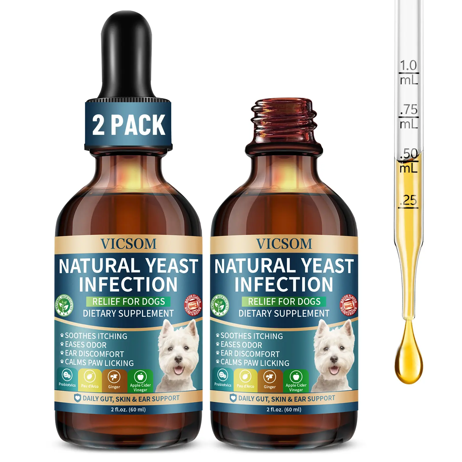 VICSOM Melatonin Drops for Dogs, 2 Pack Liquid Calming Supplement, Relaxation & Bedtime Routine Support, with L-Theanine, Valerian Root & Passionflower, for Small Medium Large Dogs, 60 ml Each