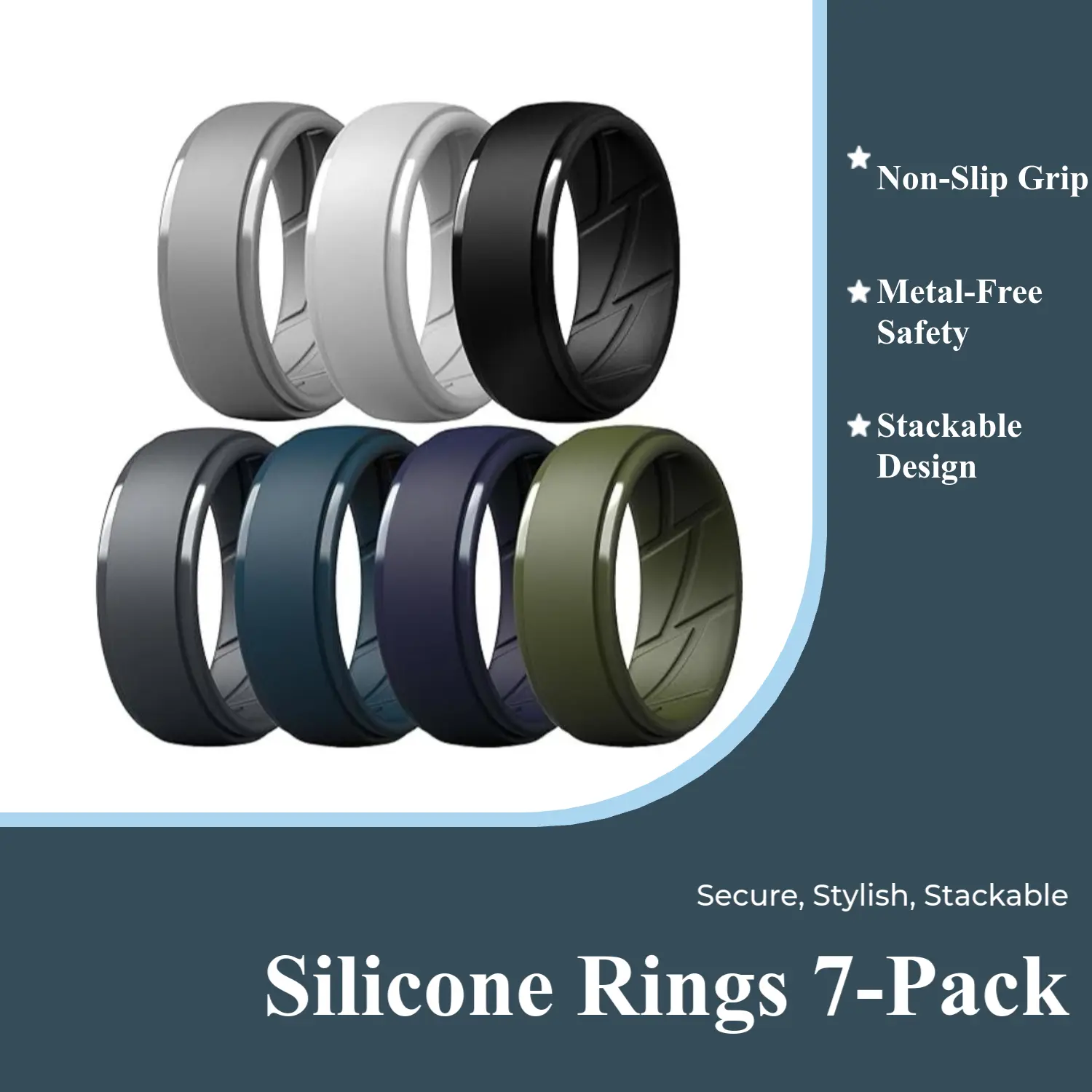Male 7-Pack Silicone Stacking Rings - Step Edge Alternative Engagement Wedding Bands, Non-Slip Inner Texture, Comfort Fit, Metal-Free Safety, Casual for Workout & Travel