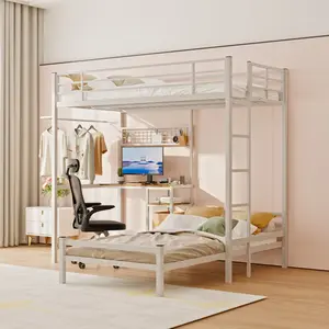 Bunk Bed Twin Over Twin Size with Desk Station L-Shaped Metal Bunk Bed Storage Shelves and Drawers Loft Beds with Safety Guardrail and Ladder for Teen,White/Black