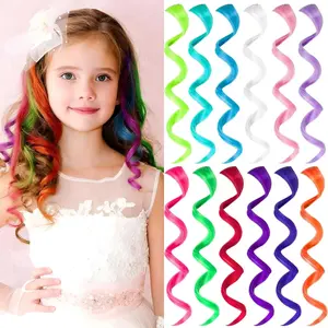 12 PCS Colored Hair Extensions for Kids, Curly Wavy Synthetic Hairpieces Clip in Rainbow Neon Party Highlights, Colorful Hair Accessories for Girls Women 17 Inch