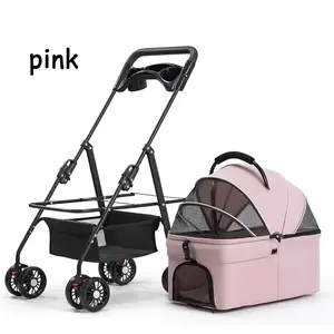 Foldable & Durable Pet Stroller with Storage Convertible for Cats & Small Dogs up to 15 lbs Lightweight Oxford Fabric Ventilated Mesh Safety Straps Ergonomic Handle 4 Wheels for Outdoor Walks Travel Picnics Visibility Panel 2-in-1 Carrier Pink Design