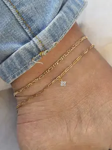 Women's Four-Leaf Clover Pendant Anklet Set, Micro-Paved Cubic Zirconia Double Layer Foot Jewelry, Casual Daily Wear Accessory