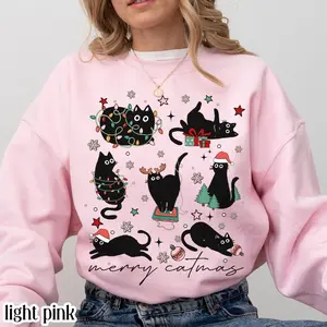 Christmas Cat Sweatshirt Catmas Meow Christmas Tree Light Its Fine Holiday Sweater Funny Kitty Black Cat Xmas Crewneck Festive Kitten Gift
