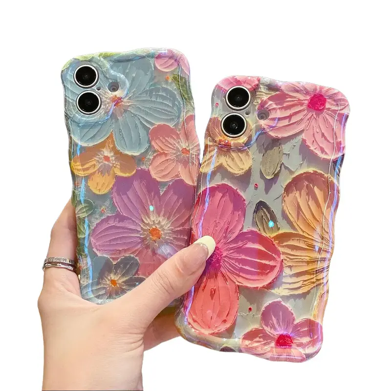 Wave Colorful Flower Casing for iPhone 18 Pro / Pro Max 17,16,15,14,13,12, Soft TPU Shockproof Ultra-Thin Magnetic Phone Cover with Retro Oil Painting Sparkly Design, Orange White Mobile Phone Accessories for Women #SohoChic