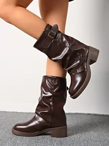 Women's High Heel Ankle Boots, Thick Sole Rock Style Leather Shoes, Trendy Fashion Footwear for Autumn Season, Comfortable Ladies' Footwear