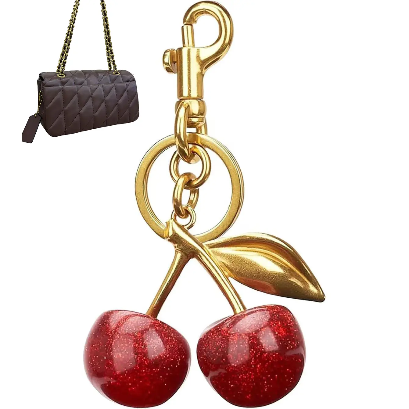 Kawaii Cherry Keychain Bag Charm, Gold-Toned Stylish Keyring for Women, 2-in-1 Key Holder for Purse with Matching Wallet Pouch, Keychain Charms, Gift Ideas, Kawaii Accessories, Split Ring