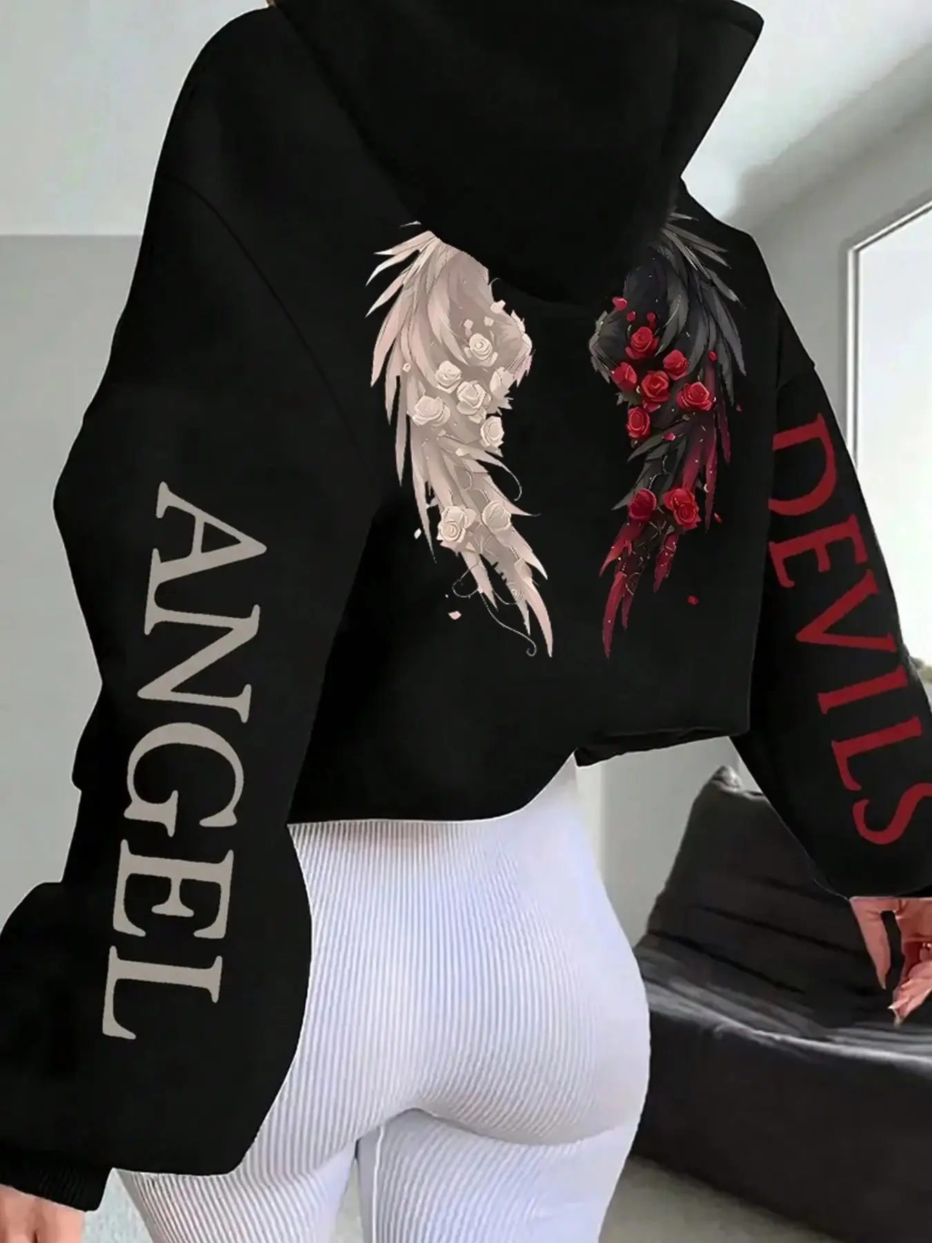 Women's Kangaroo Pocket Hoodie Long Sleeve with Angel and Devil Wings Graphic Print, Drawstring Shoulder Adjustable Design for Comfortable Casual Wear, Perfect for Autumn Layering, Gothic Hoodies, Sweatshirts, Drawstring Knit Hoodie