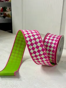 2.5 Inch By 10 Yard Hot Pink And Fresh Green Antique Diamond Fused Ribbon