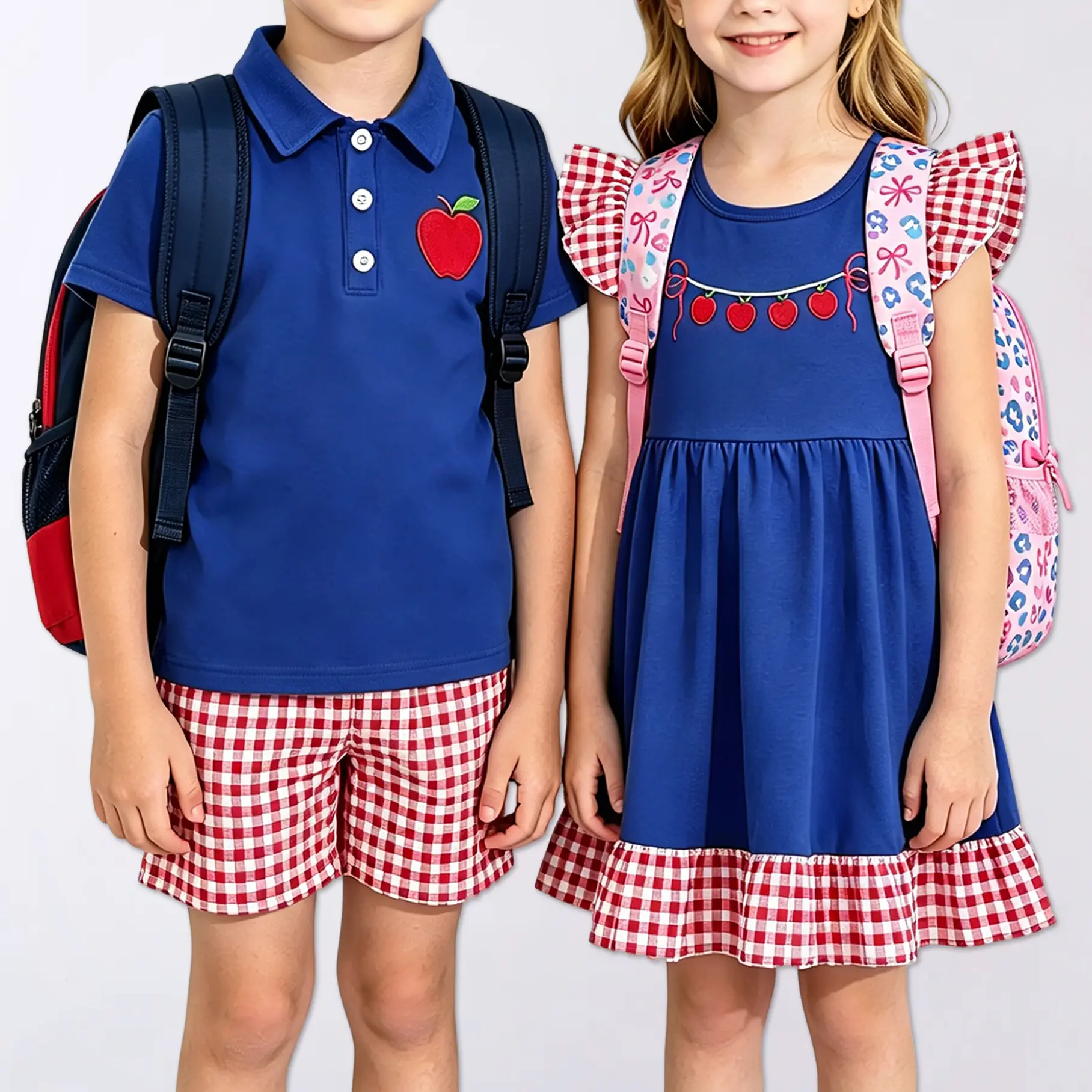 Kids' Back to School Sibling Matching Uniform Sets - Boy Polo & Shorts, Girl Ruffle Dress with Adorable Apple Embroidery
