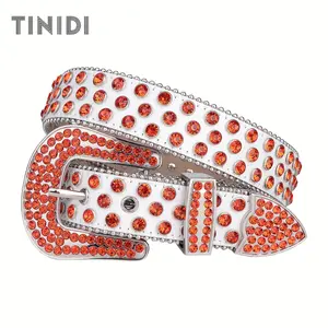 （All handmade）Trendy Designer Western Cowboy Belt | Glowing Orange Rhinestone Wide Belt for Jeans & Party | Sparkling Festival Fashion Accessory Buckles Waistband