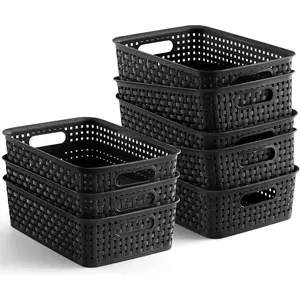 8 Pack Black Plastic Storage Baskets, Small Storage Bins for Pantry Organization, Household Organizers for Laundry Room, Bathroom, Kitchen, Cabinet, Countertop, Under Sink and Shelves