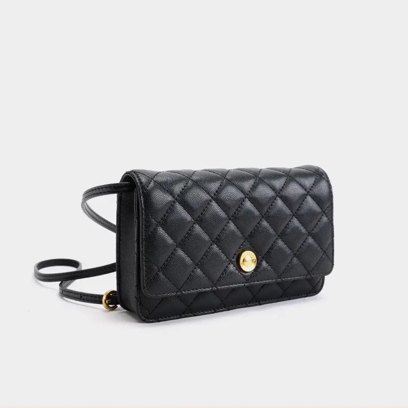 TUSCAN’S Caviar Leather Phone Bag - Elegant Everyday Carry - High-Gloss Leather Crossbody Purse, Chain Strap Design