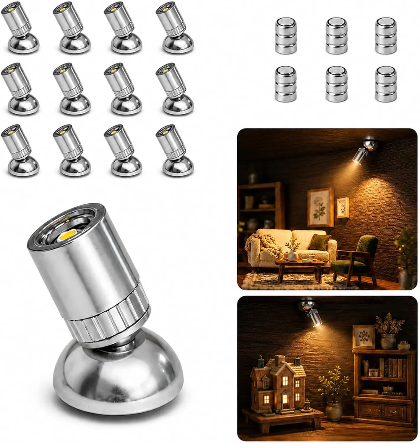 Home Improvement Warm White Mini Spotlights - 12-Pack Battery-Powered, 350° Rotatable Novelty Lighting