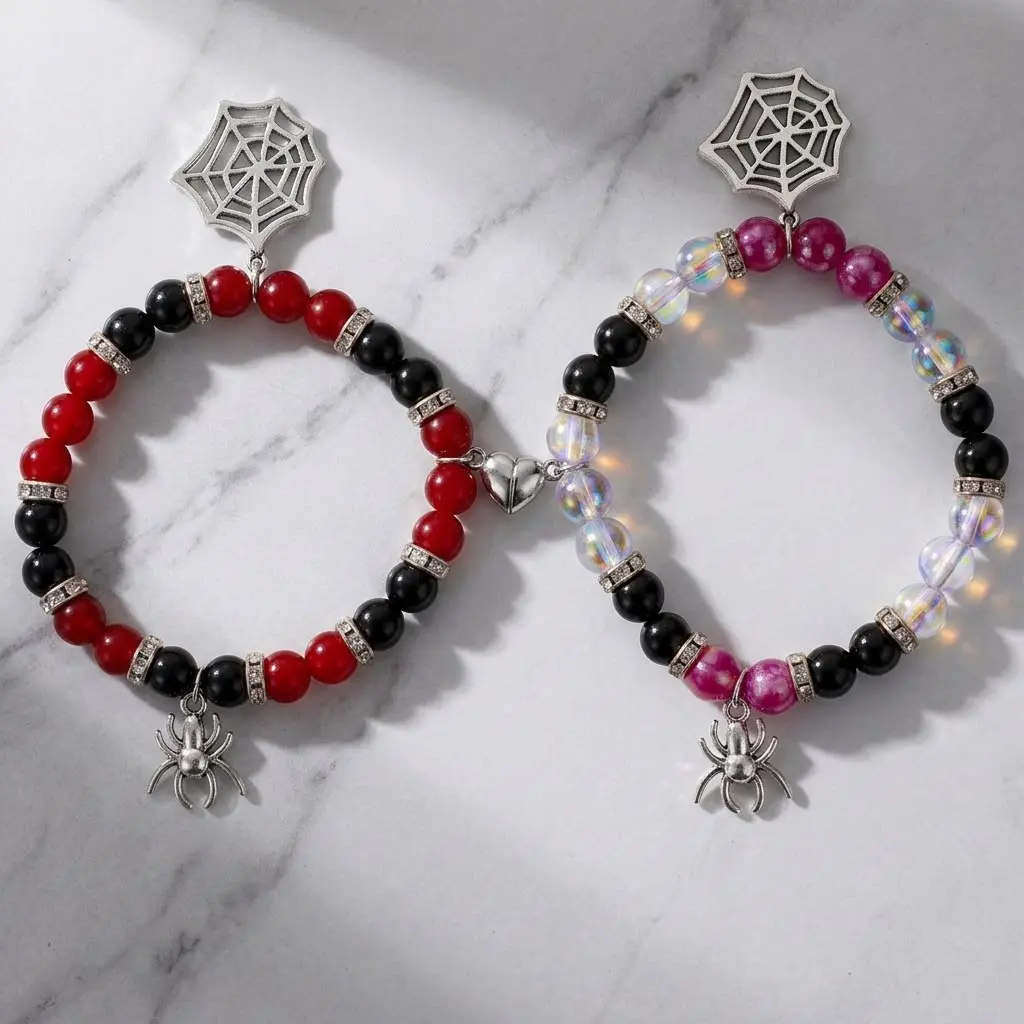TMANI Heart Magnetic Matching Bracelets Y2K Gothic Spider Web Charm Beaded Jewelry Halloween Gift for Emo Couples Friends