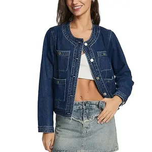 D-Sun Women Cropped Denim Jacket Collarless Button Down Long Sleeves Casual Crewneck Jean Jacket Coat with Pockets