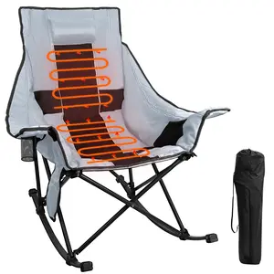 Slendor Oversized Heated Camping Rocking Chair with 3 Heat Levels, Back, Pillow, Carry Bag, Padded, Max 330 lbs, Folding Portable Seat, Ergonomic Structure, Dual Control Buttons, Cup Holder, Mesh Pockets - Campchair