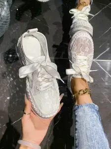 French Style Lace Mesh Ribbon Shoes, Casual Trainer Footwear, Breathable Rhinestone Thick Sole Sneakers, Fashion Floral Embroidery, All Season Comfort