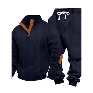 Men's Fall Winter Fashion Set, Heavyweight Knit Texture Hoodie, Trendy Stand Collar Henry Sweatshirt, Casual Plain Fit