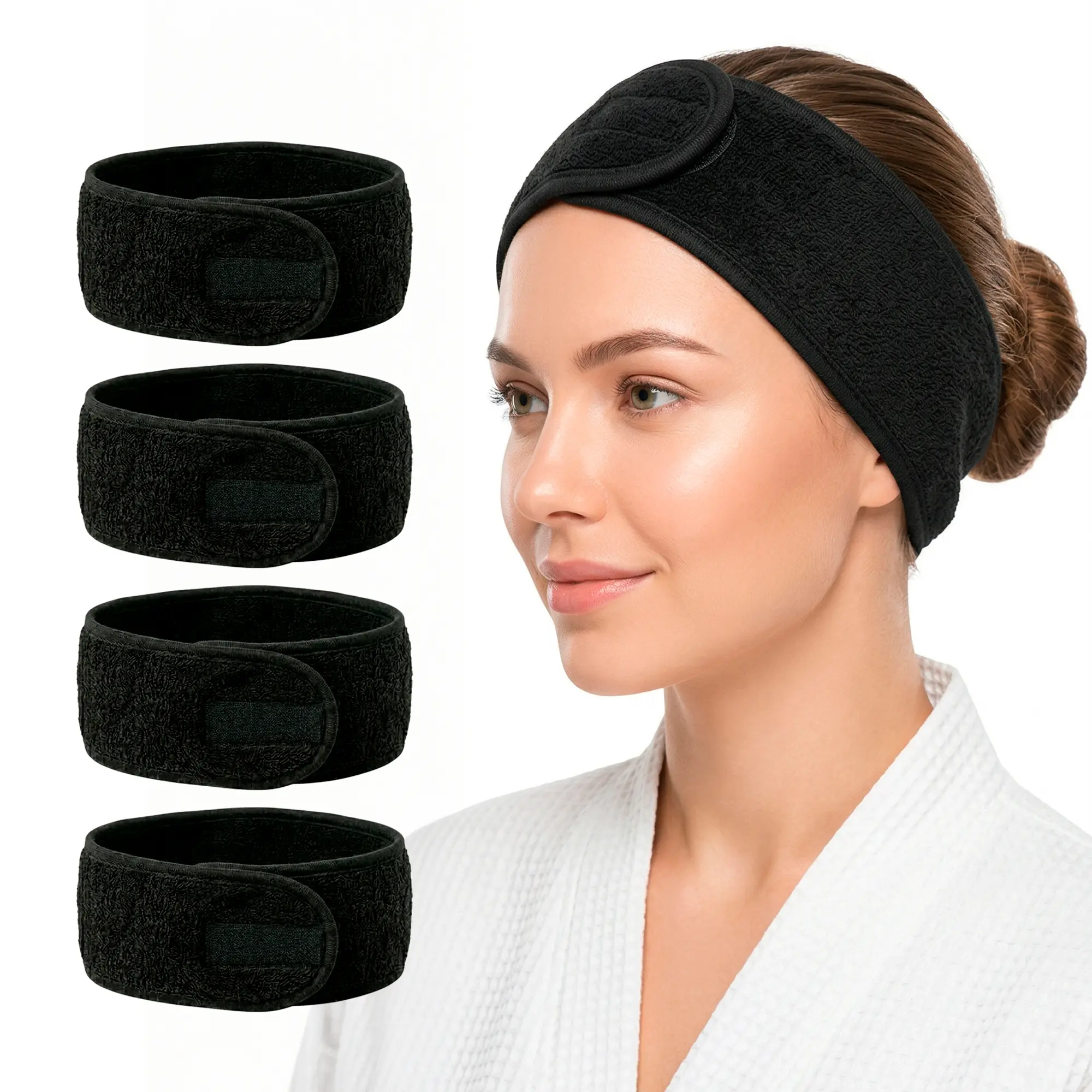 APPEARUS 4-Pc Black Spa Facial Headband with Closure for Women Stretch Poly Terry Cloth Headbands for Skincare Treatments Secure Hair Control 22" to 28" Extra-Wide 3.5" Comfortable Professional Quality