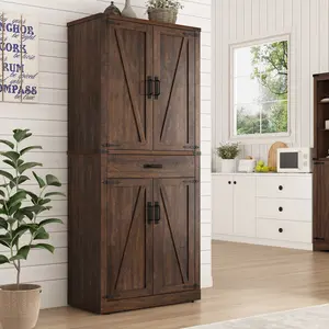72" Rustic Farmhouse Kitchen  Cabinet with 4 Barn Doors & Drawer – Spacious Storage Cupboard with Organizer for Kitchen, Dining Room, or Living Room