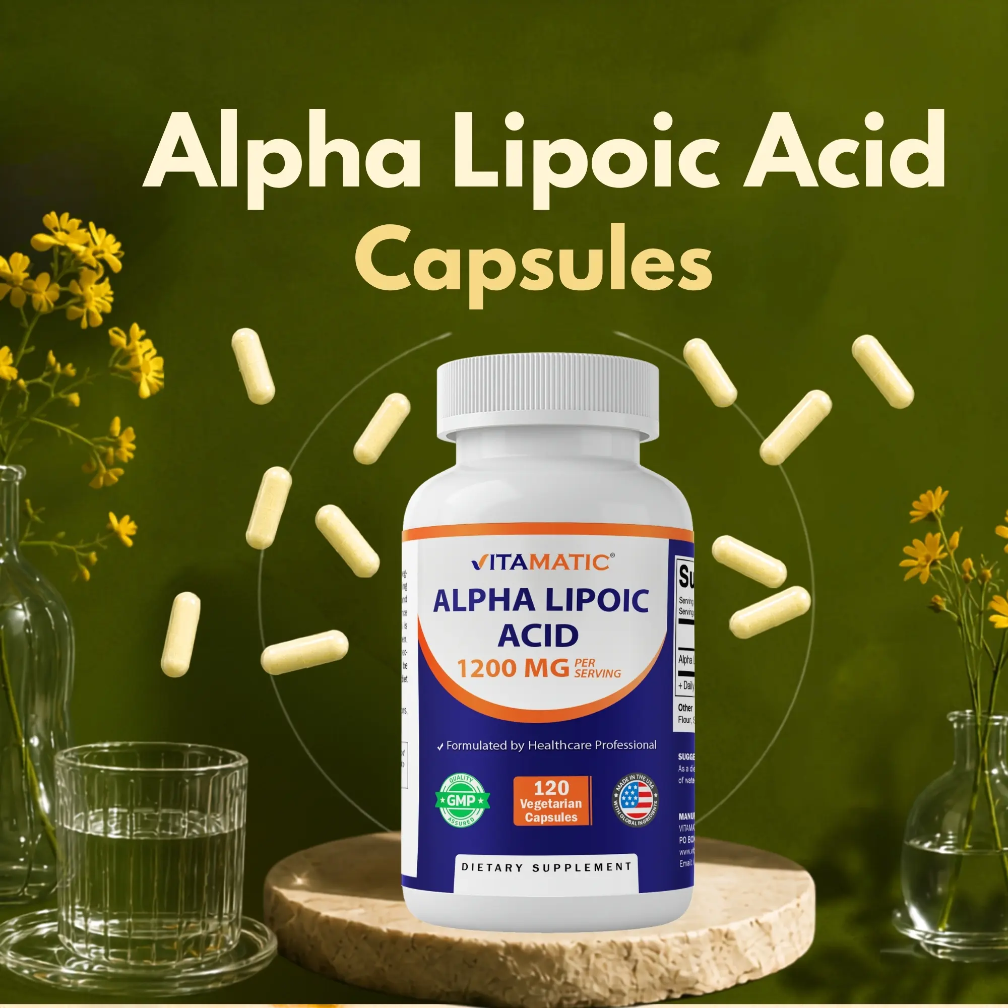 Vitamatic Alpha Lipoic Acid Dietary Supplement - 1200mg Per Serving, 120 Vegetarian Capsules in a Bottle, Antioxidant, Gluten & Soy & Artificial Color Free