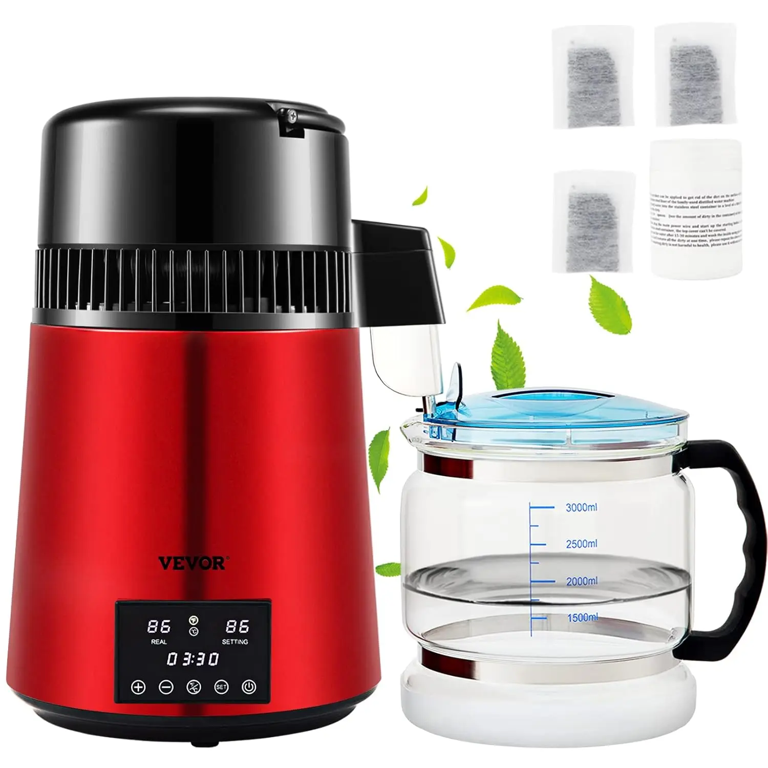 VEVOR 1.1Gal Water Distiller 0.3Gal/H Distilled Water Maker Machine 750W 0-99H Timing Dual Temp Display Stainless Steel  - CHOOSE OPTION