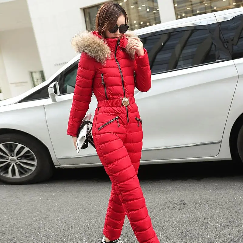 2025 One Piece Ski Suit Women Jackets Winter Hooded Parka Jumpsuit Women Cotton Bodysuit Sashes Jumpsuits Overalls Tracksuits