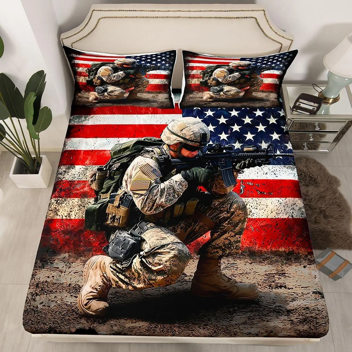 American Flag Bedding Sets Adult Camo Soldier Fitted Sheet Men Vintage USA National Flag Fitted Bed Sheets Military Camouflage Grunge Stripes Beddings,No Flat/Top Sheet