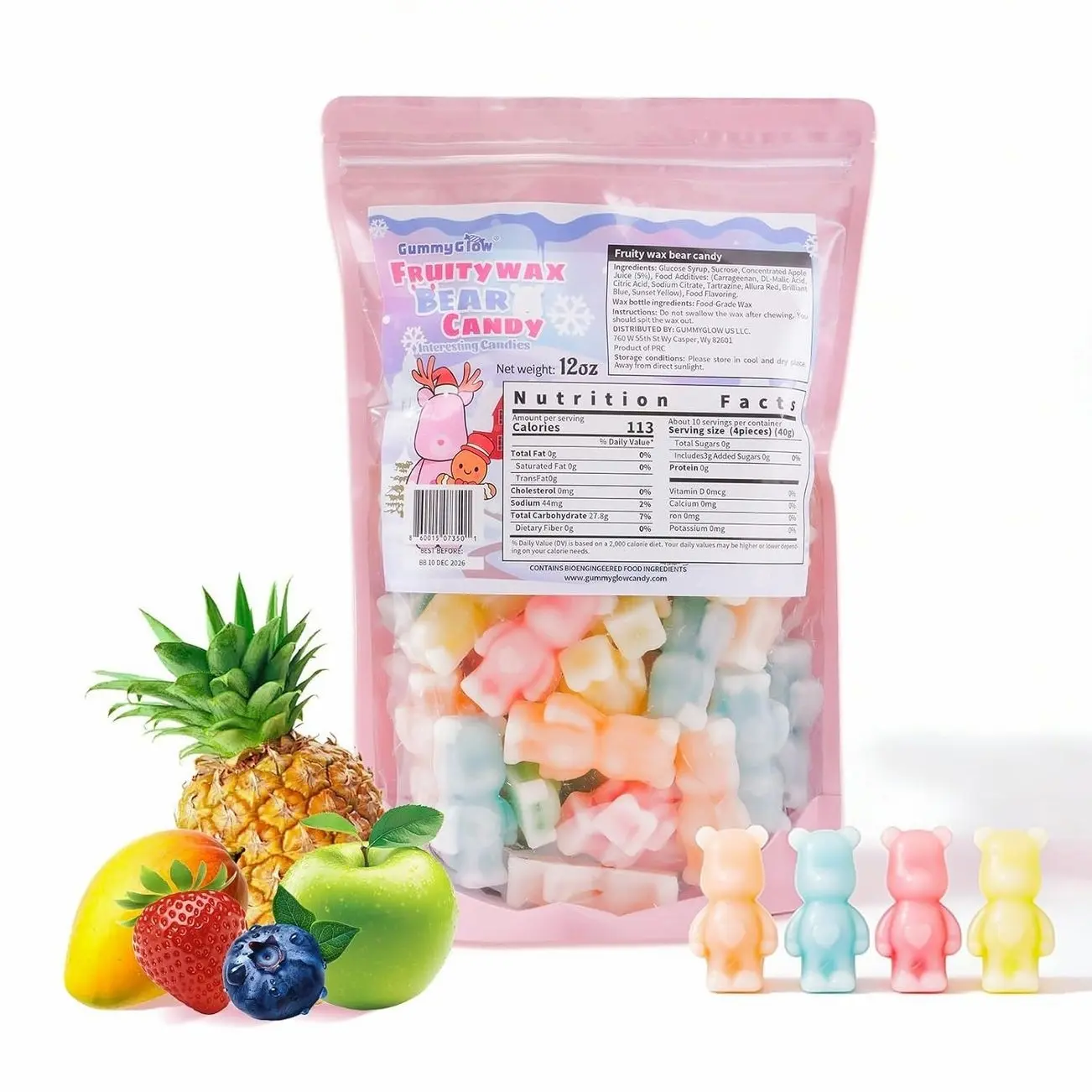 Gummy Glow 12 Oz Fruity Wax Candy, Upgraded Edible Wax Candy Bears - Chewy Retro Sweets with 5 Fruity Flavors, Ideal for ASMR Snacks, Viral TikTok Treats, Novelty Vintage Treats, Parties & Gifts