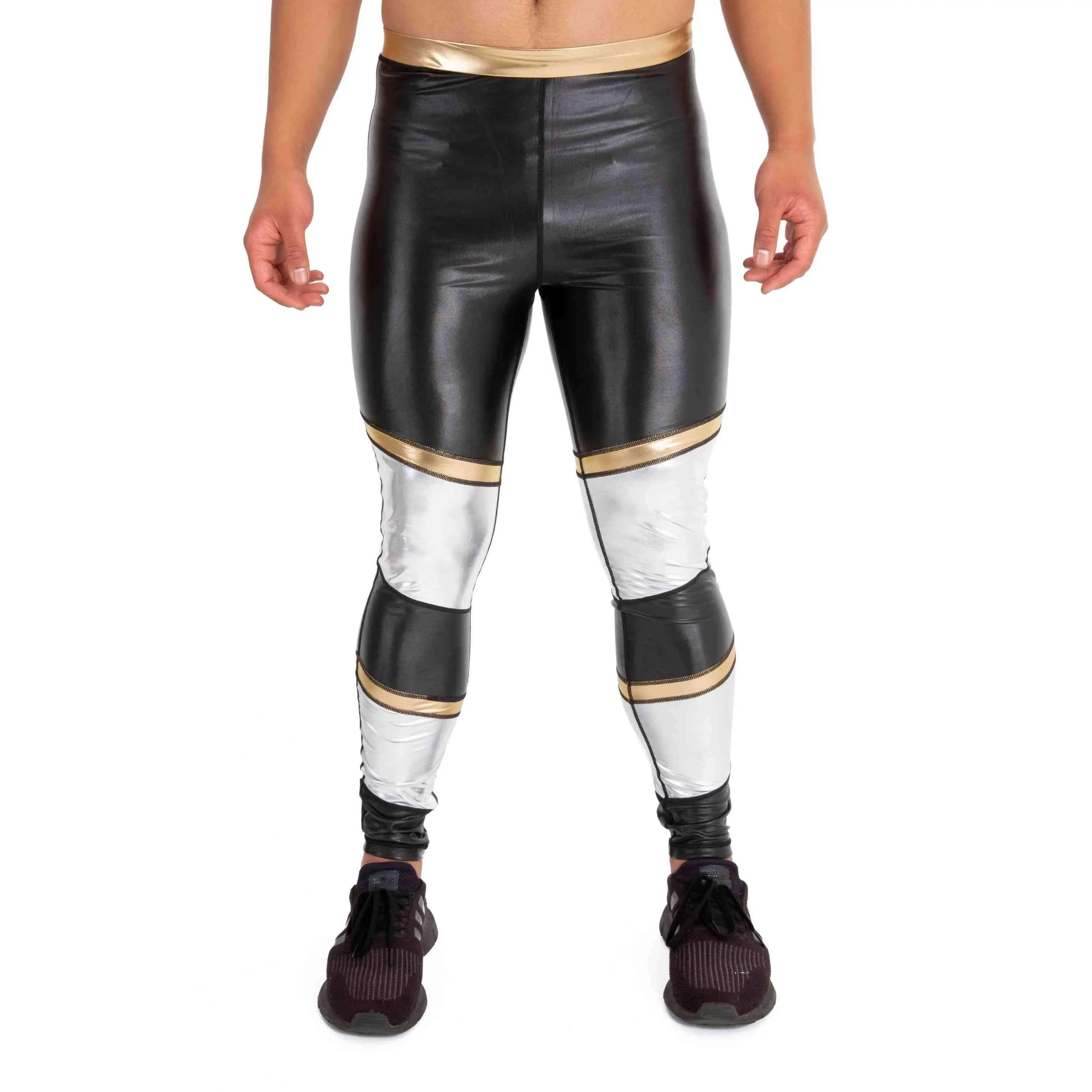 Kapow Meggings Heavy Metal Black with Metallic Gold & Silver Panels Men’s Leggings | Shiny Streetwear & Festival Fashion Fitness Pants Gym Sportswear Bottoms Stretchy High Waist