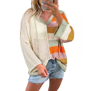 Asvivid Women's Oversized Colorblock Striped V Neck Hooded Knit Sweater Tops Long Sleeve Casual Style Vintage Stripe Knitwear