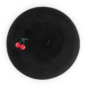 Black Wool Embroidered Beret with Cherry Design