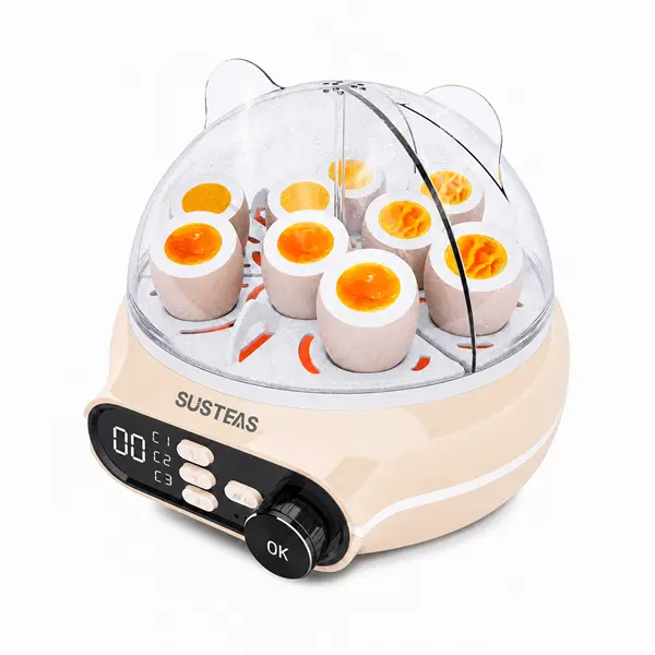 SUSTEAS Smart Electric Egg Cooker - 9-Egg Capacity with 3 Independent Cooking Zones, Soft/Medium/Hard Doneness Settings, 24-Hour Preset Timer, Energy-Saving Zone Control, Room-Temp & Refrigerated Egg Modes, Voice Alerts, Custard Tray Included