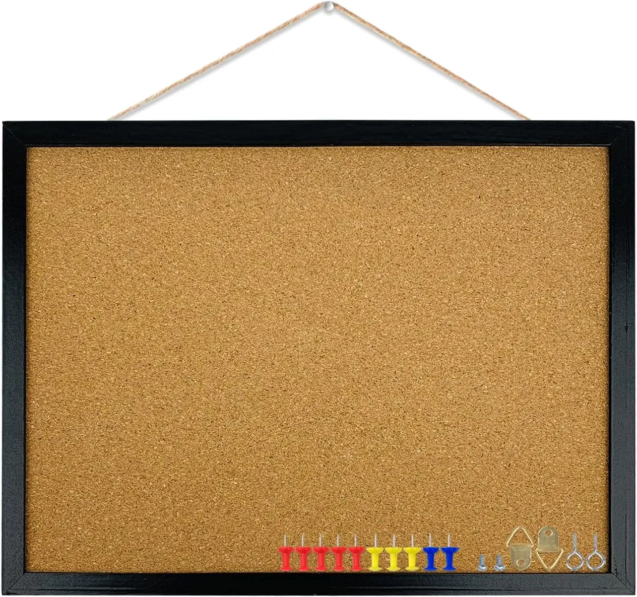 Black Cork Bulletin Board with Oak Wooden Frame, 17.7x13.3in, Wall-Mounted Set for Office & Home Use (Includes Pins, Eye Bolts, Gaskets, Screws)