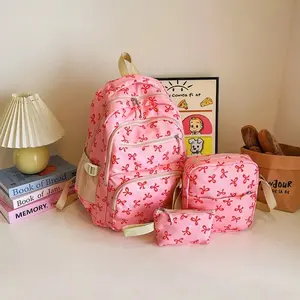 TKCCK 3PCS Bow Backpack Set for Teen Girls Cute Nylon School Bag with 3D Ribbon Bow Detail Adjustable Strap Fits 15.6 Laptop Textbooks Binders Y2K Preppy Aesthetic Bookbag Back to School College Travel Daily Use TikTok Viral Trending Gift for Her