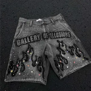 2K Streetwear Vintage Patterned Denim Jean Cargo Shorts, Puff Print Splatter Blinged Out Sequin Grey Baggy Wide Leg Summer Bottoms for Men Casual Back to School College Outfits