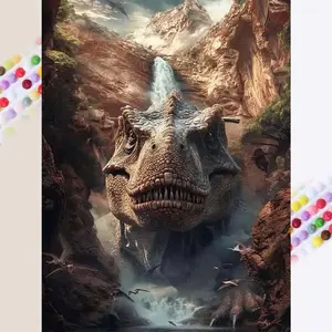 5D DIY Full Drill Round Diamond Painting - Diamond Painting Kit Dinosaur Waterfall Mosaic Canvas DIY Wall Art, Home Wall Decoration