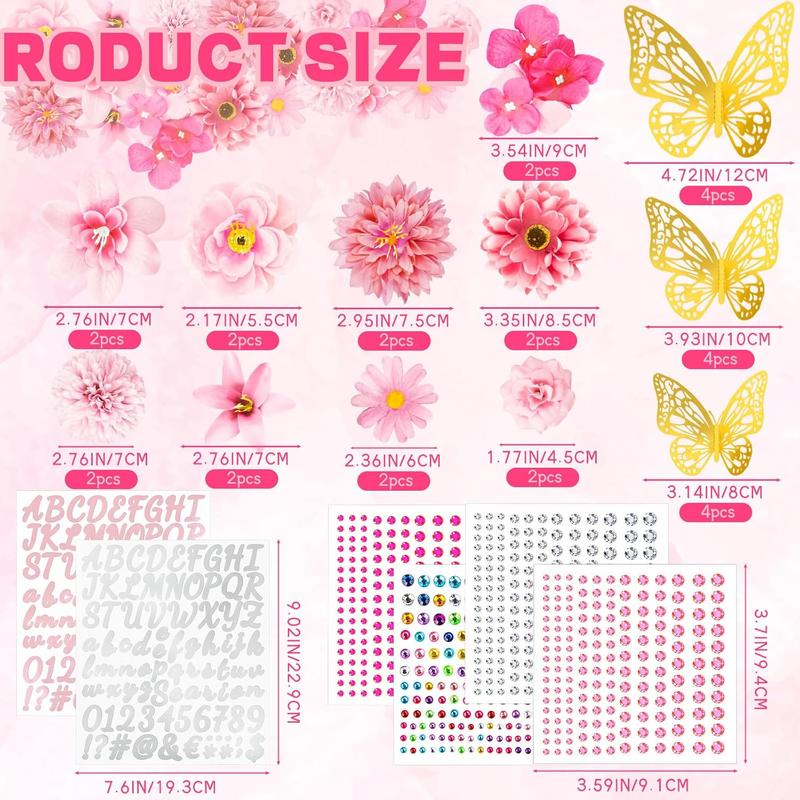 Graduation Cap Decorations Kits Faux Flower 3D Butterfly Rhinestones Glitter Alphabet Letter Sticker Pink Flower DIY Graduation Cap Decorations for Grad Cap Topper Graduation Party DIY Crafts